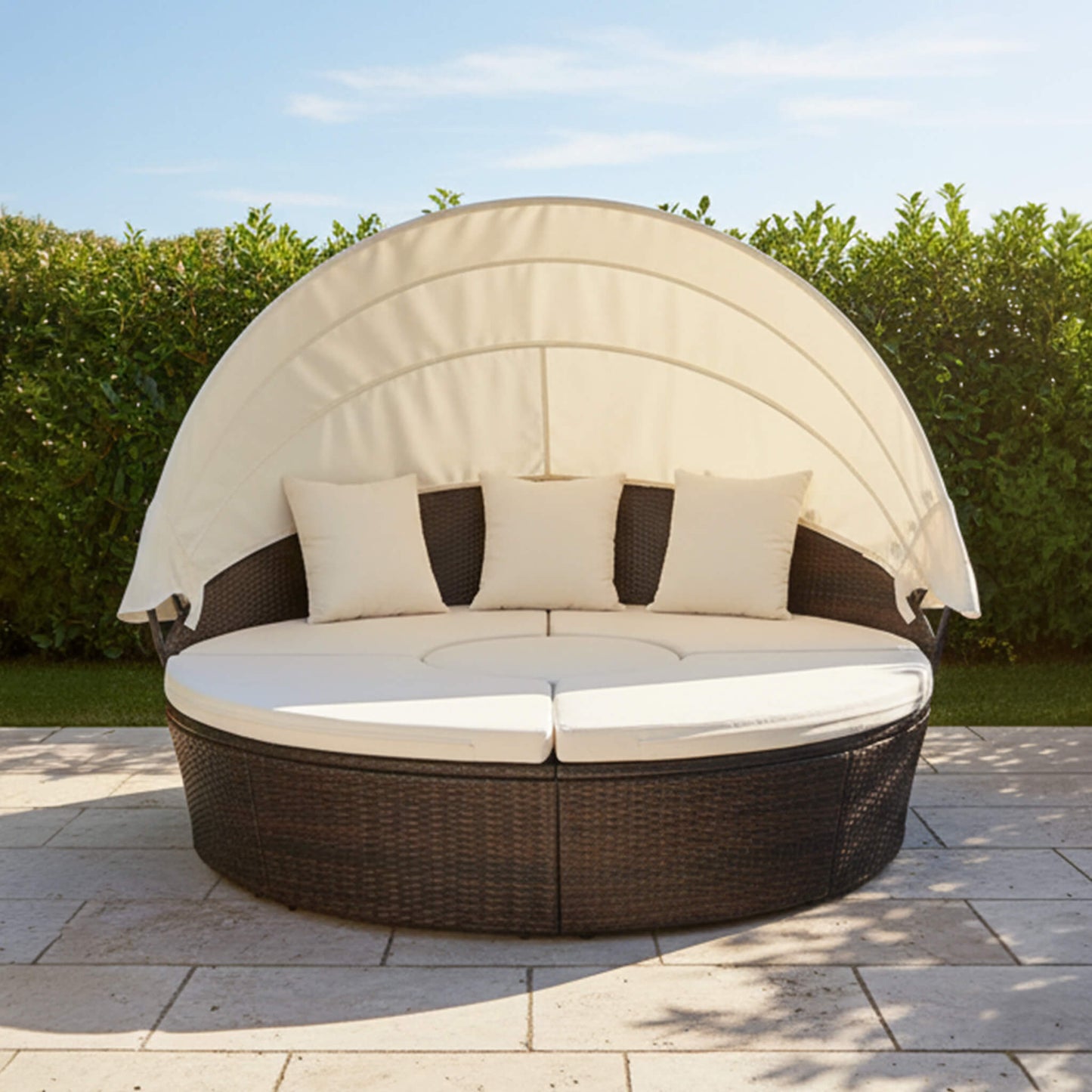 Alora 76-Inch Luxury Outdoor Rattan Daybed Sofa with Canopy and Pillows