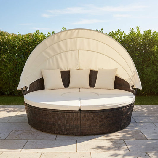 Alora Large 76-Inch Outdoor Patio Rattan Daybed Sofa W/ Adjustable Table Top, Canopy & 3 Pillows (SAK91254)