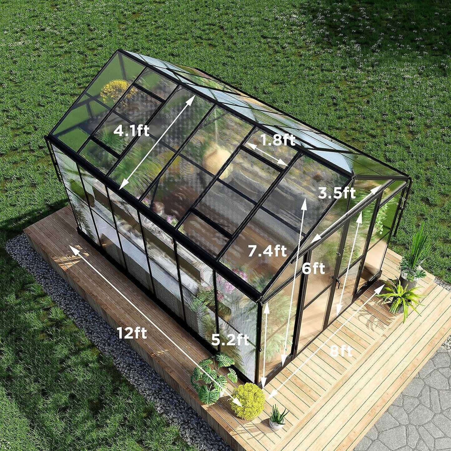 Premium 8x12 FT Aluminum Polycarbonate Greenhouse with Double Swing Doors
