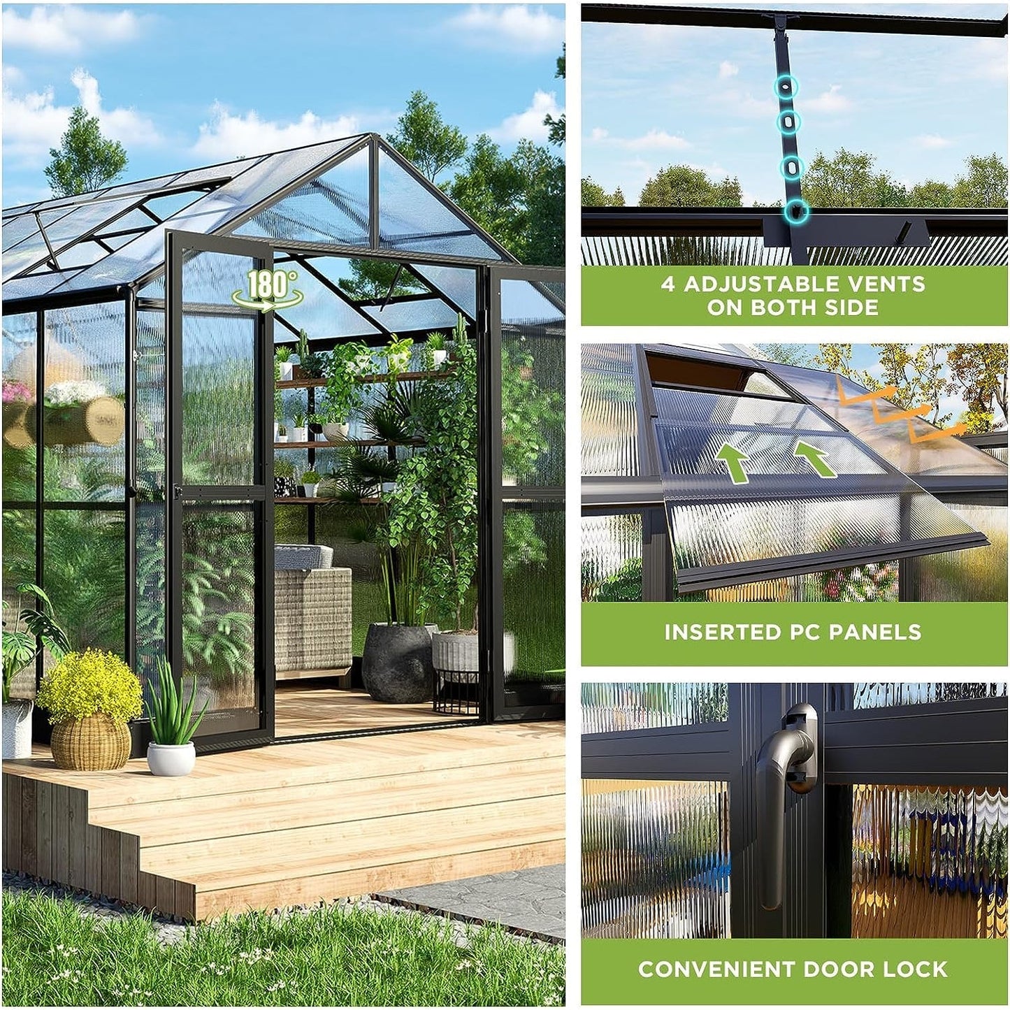 Premium 8x12 FT Aluminum Polycarbonate Greenhouse with Double Swing Doors