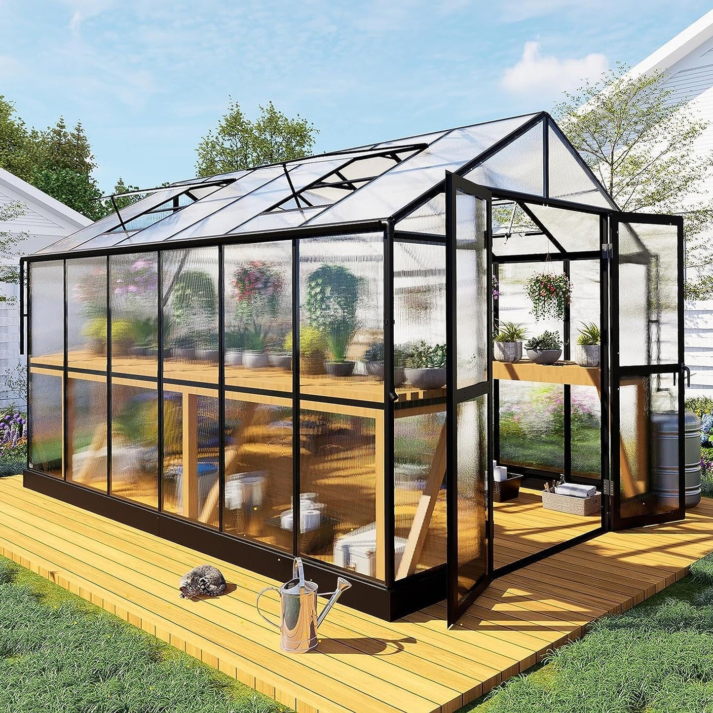 Premium 8x12 FT Aluminum Polycarbonate Greenhouse with Double Swing Doors