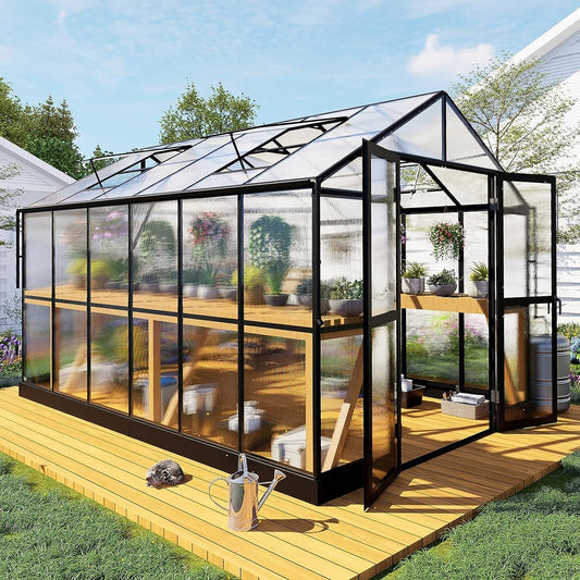 Premium 8x12 FT Aluminum Polycarbonate Greenhouse with Double Swing Doors