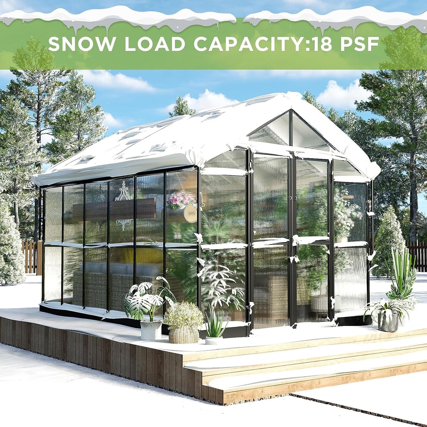 Premium 8x12 FT Aluminum Polycarbonate Greenhouse with Double Swing Doors