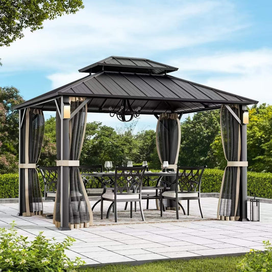 Alora Luxury Double Roof Hardtop Aluminum Gazebo With Decor Hooks, Mosquito Nettings, And LED Lights (SAK91824)