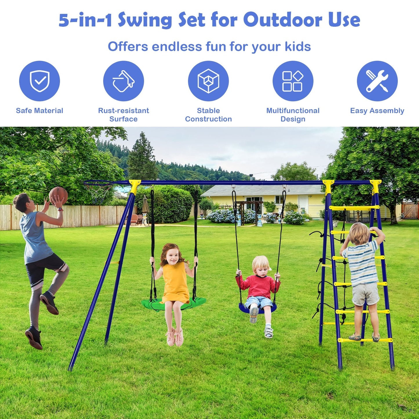 Gbruno 5-In-1 Kids Outdoor Swing Set with A-Shaped Frame