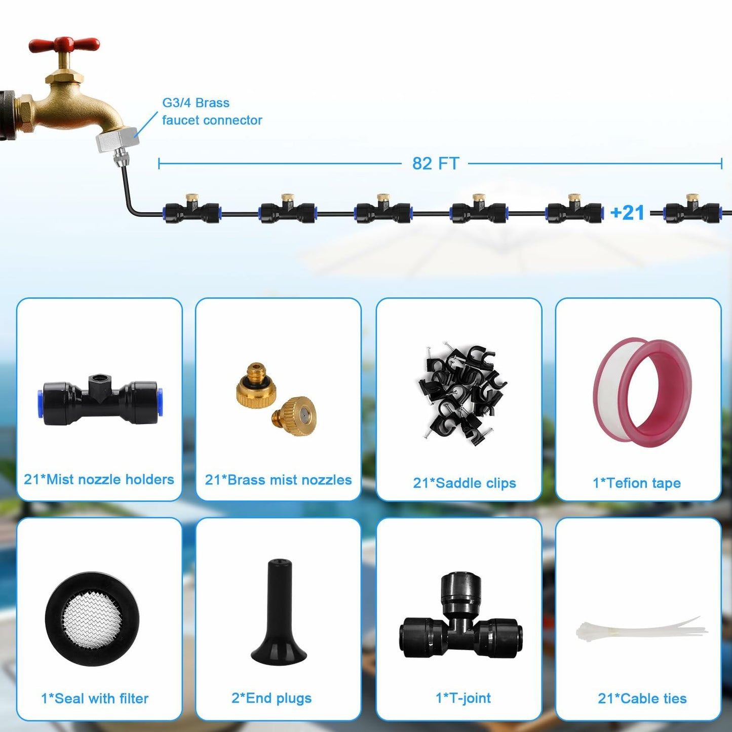 UBYNID 82FT Outdoor Patio Misting System with 21 Brass Nozzles