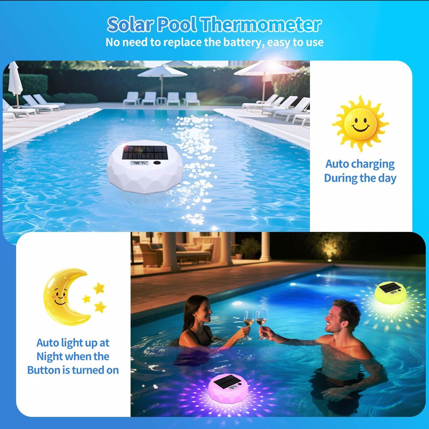 Glarepo Solar-Powered Floating Pool Thermometer with Colorful LCD Display