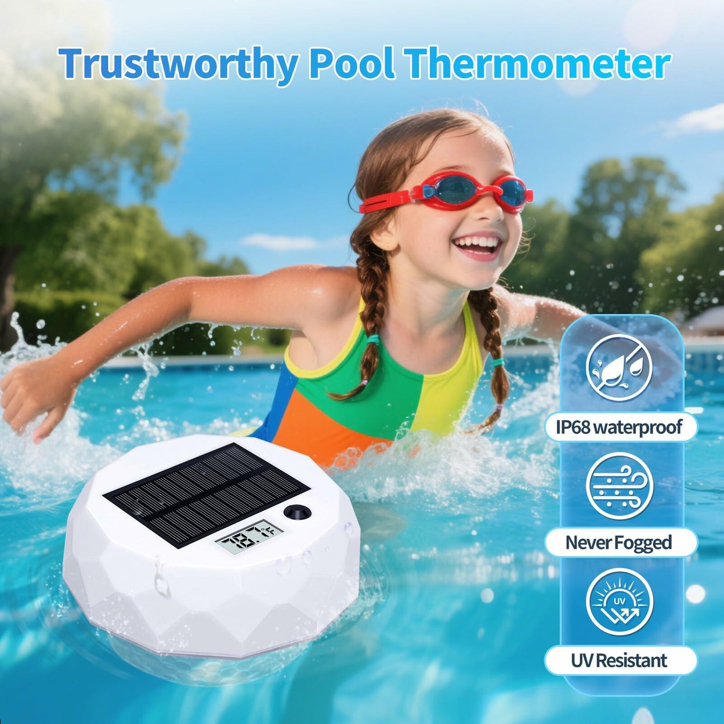 Glarepo Solar-Powered Floating Pool Thermometer with Colorful LCD Display