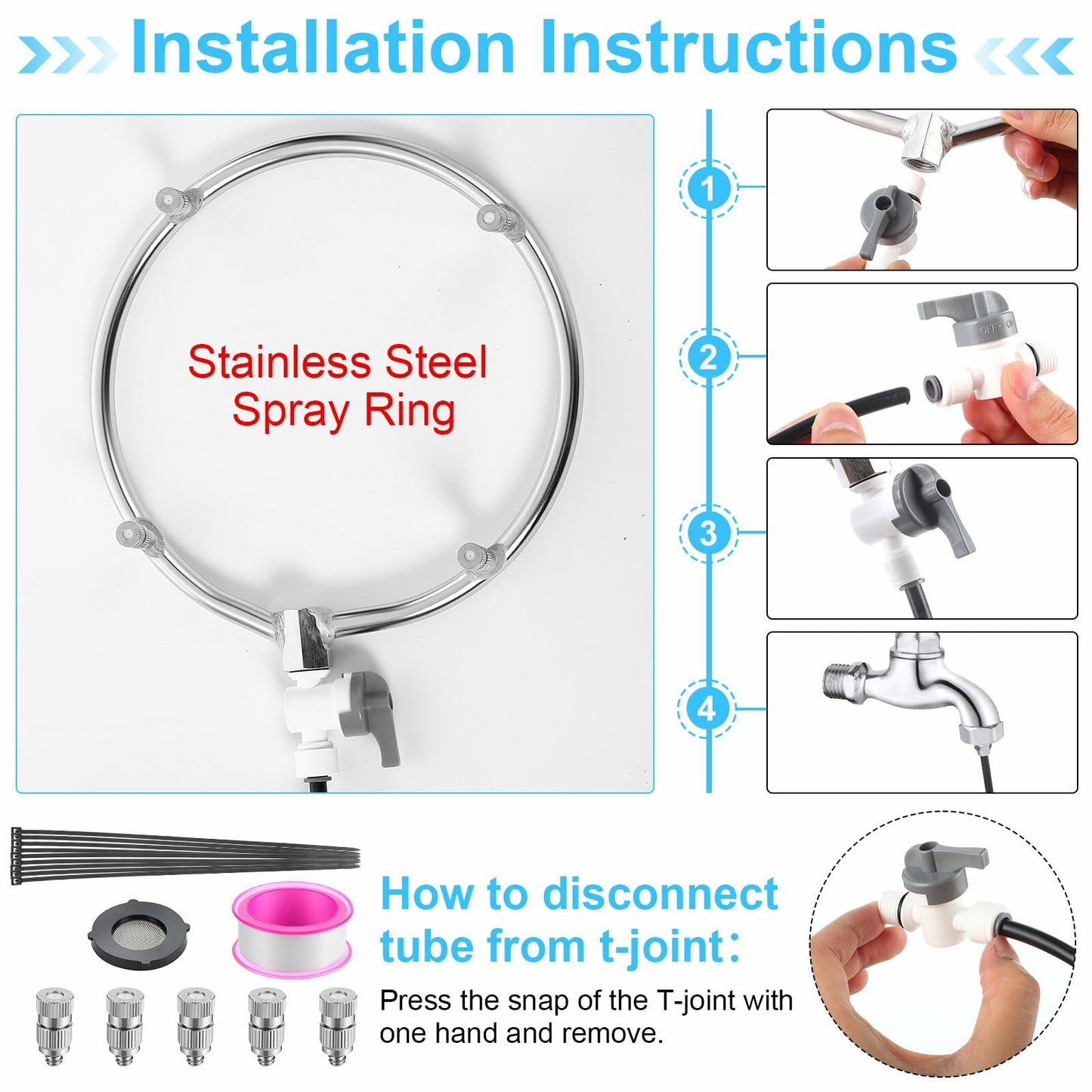Reallnaive Stainless Steel Misting Fan Kit with 26ft Brass Nozzle Line