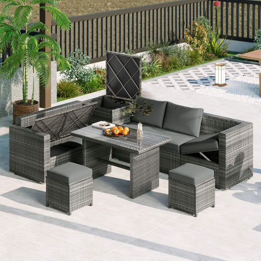 Outdoor 6-Piece All-Weather Rattan Sofa Set with Storage & Adjustable Seats