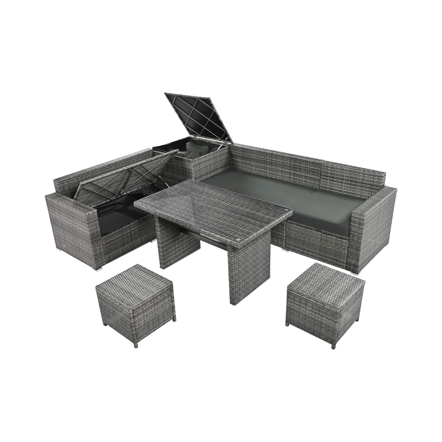 Alora Outdoor 6-Piece All-Weather PE Rattan Sofa Set With Adjustable Seat, Storage Box, Removable Covers, And Tempered Glass Table Top (SAK37221)