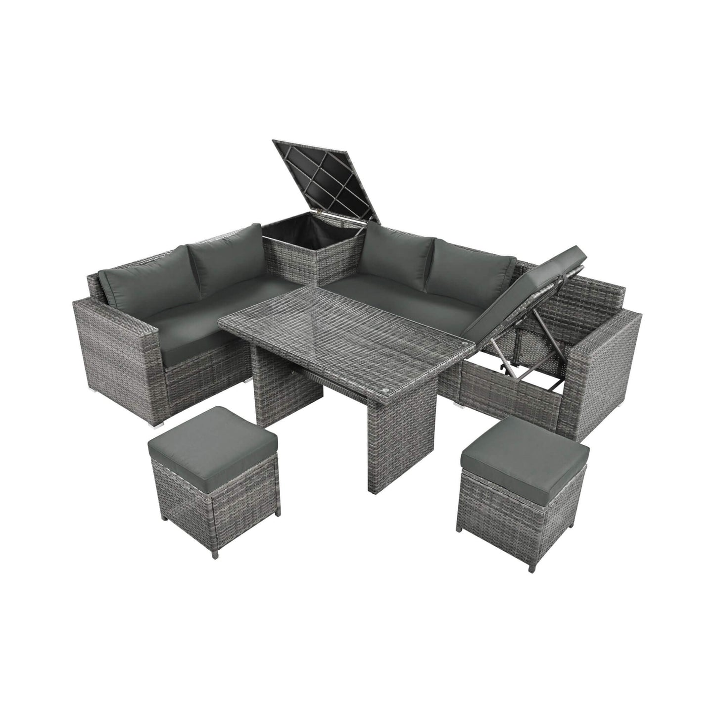 Alora Outdoor 6-Piece All-Weather PE Rattan Sofa Set With Adjustable Seat, Storage Box, Removable Covers, And Tempered Glass Table Top (SAK37221)