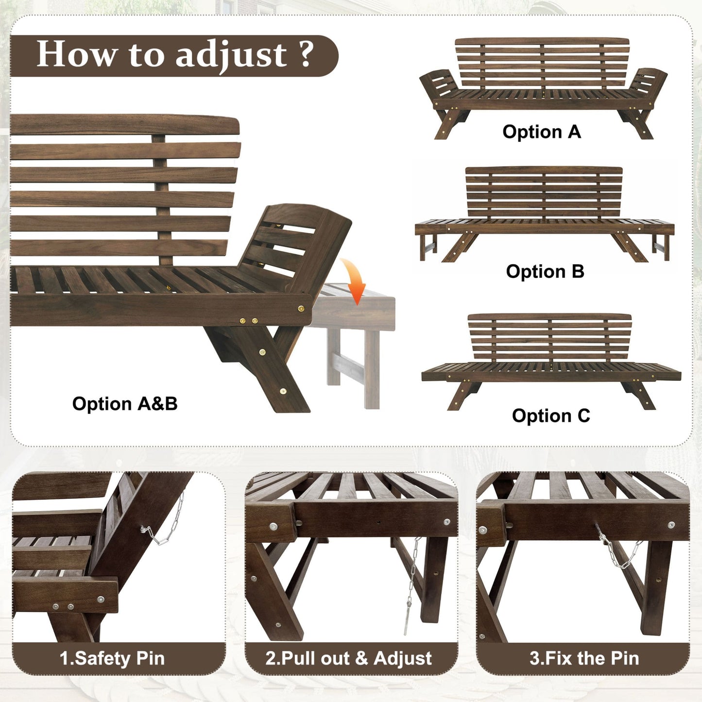 Adjustable Wooden Patio Daybed Sofa with Cushions