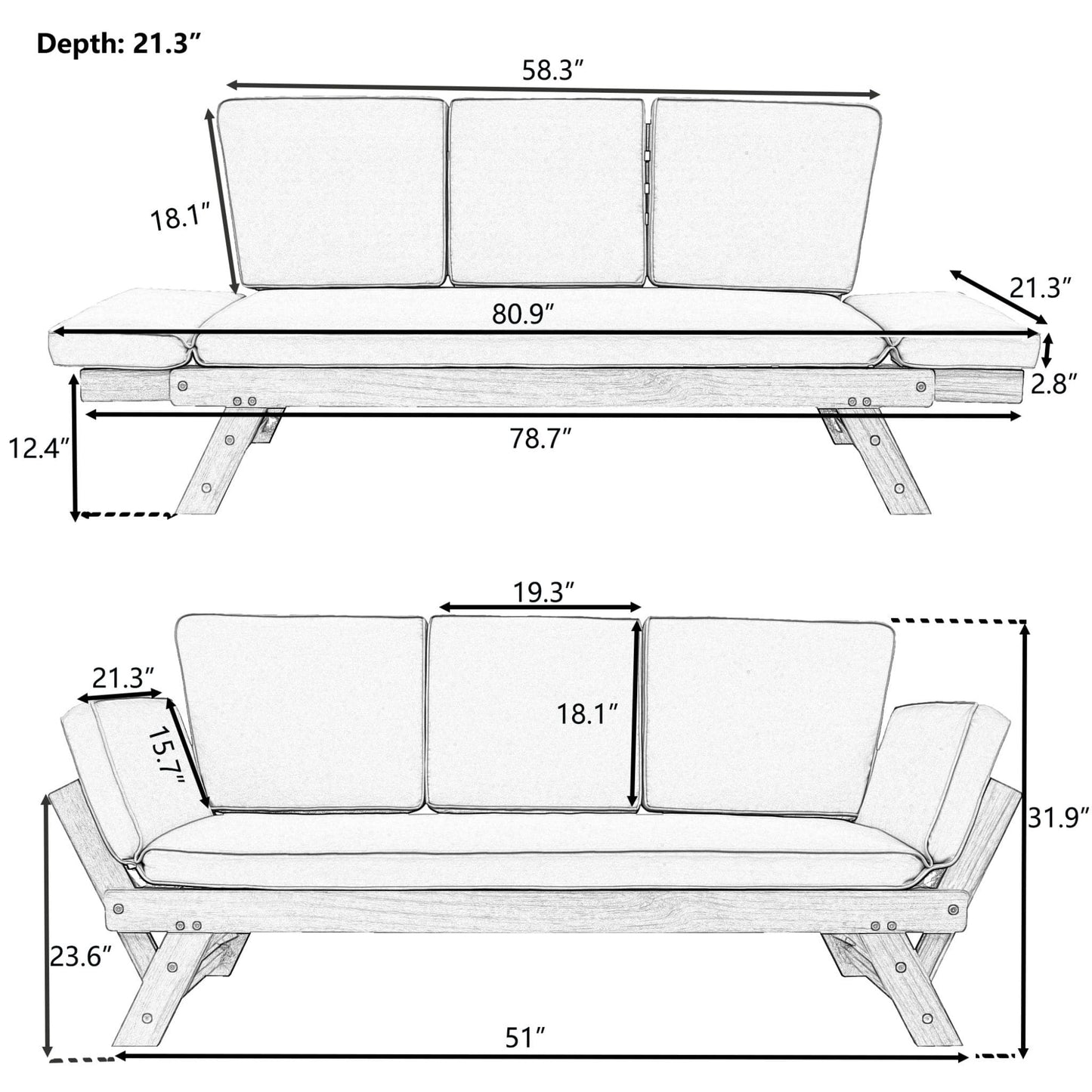 Adjustable Wooden Patio Daybed Sofa with Cushions