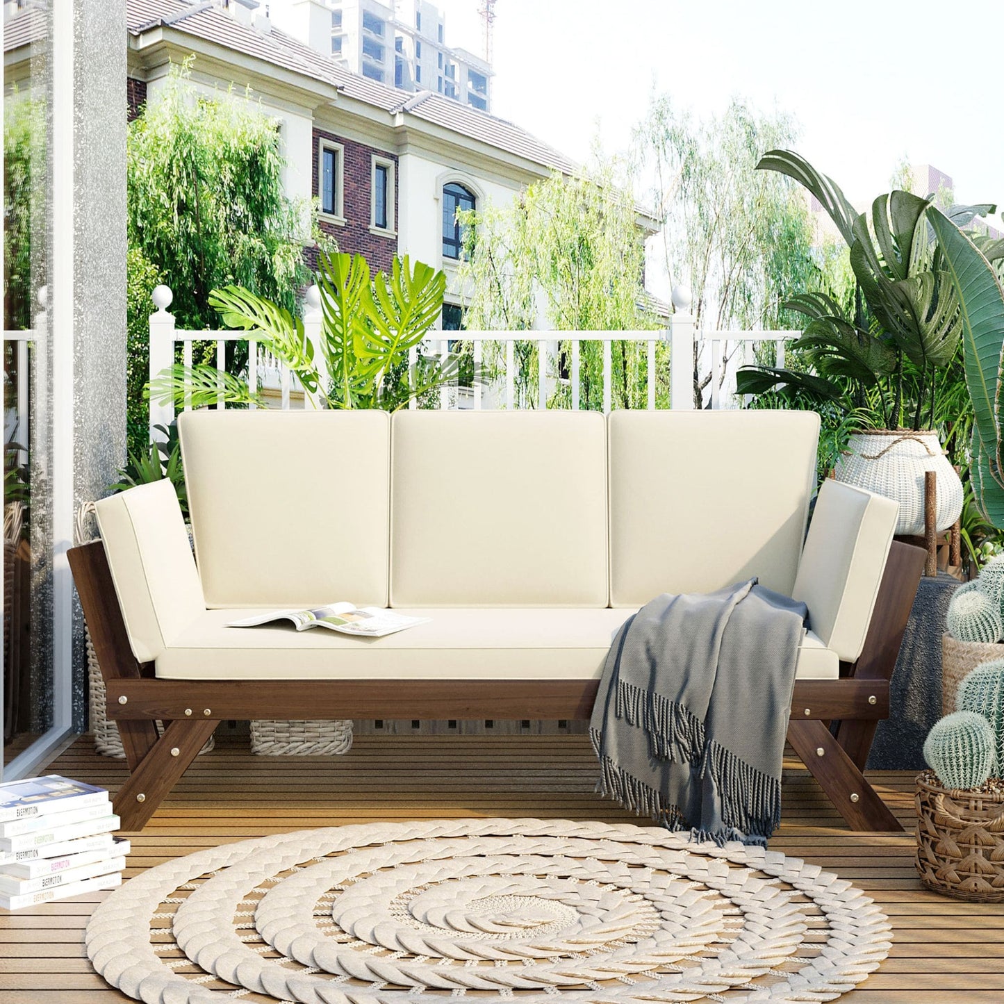 Adjustable Wooden Patio Daybed Sofa with Cushions