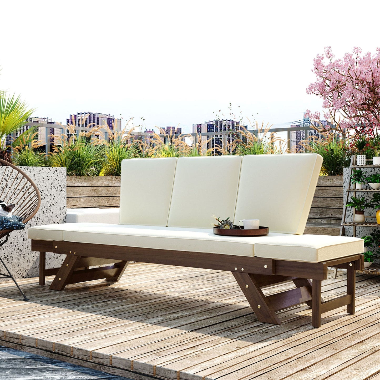 Adjustable Wooden Patio Daybed Sofa with Cushions