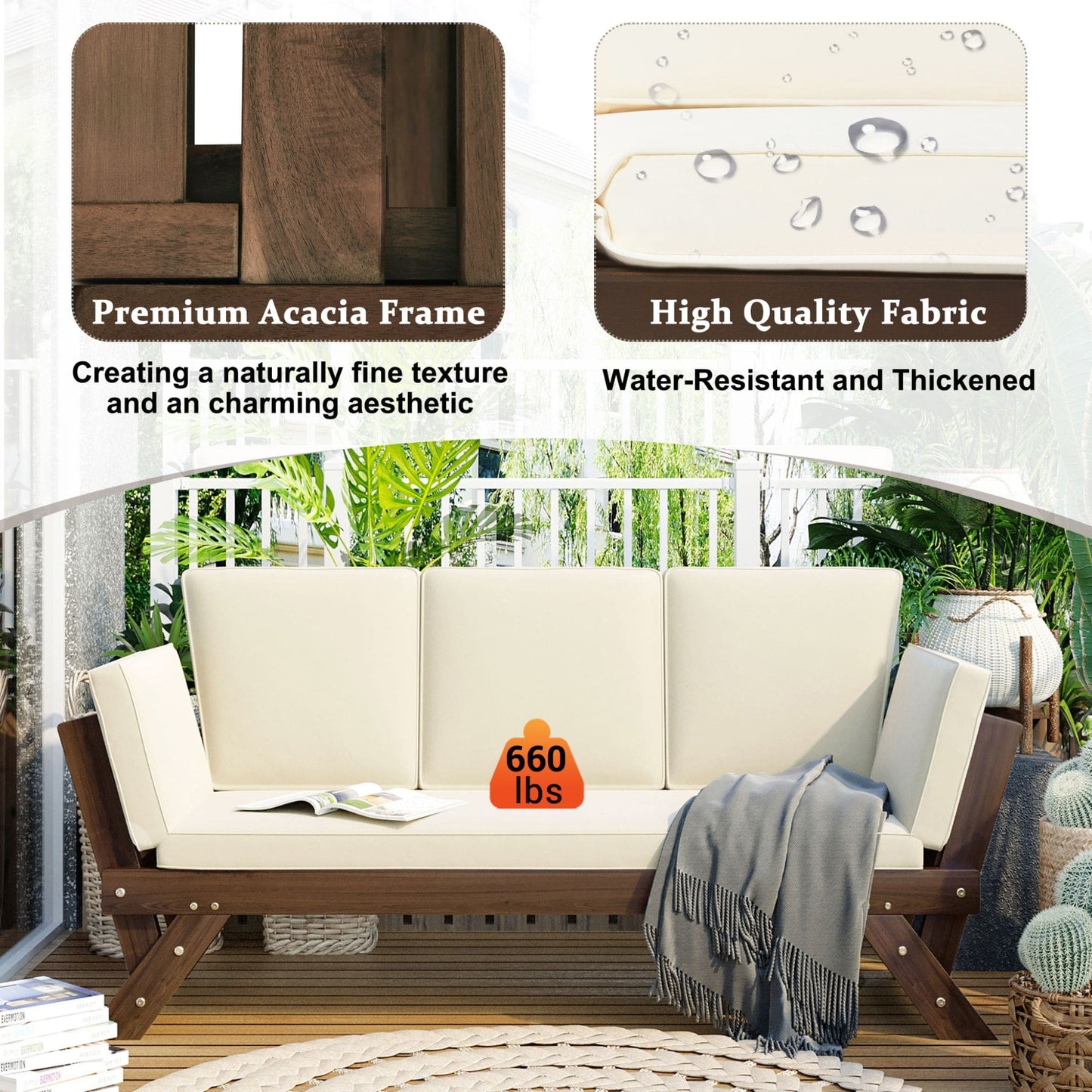 Adjustable Wooden Patio Daybed Sofa with Cushions