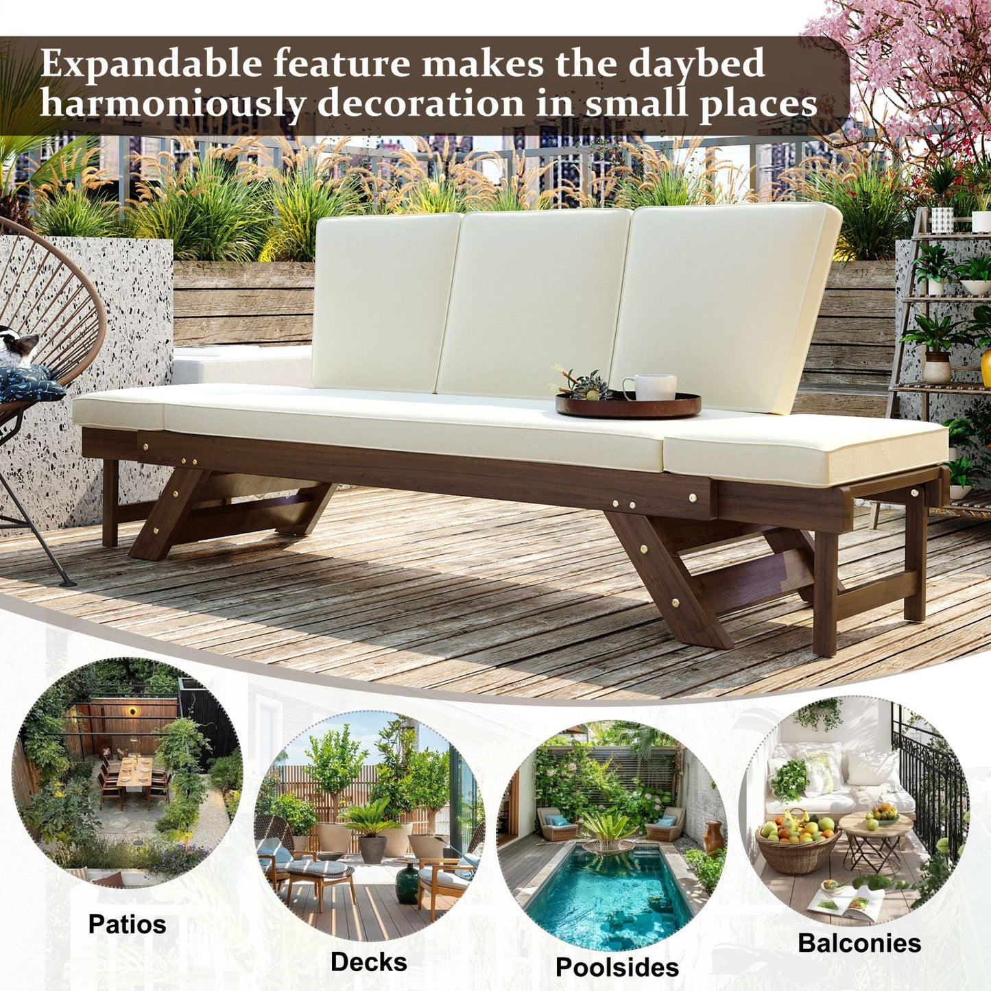 Adjustable Wooden Patio Daybed Sofa with Cushions