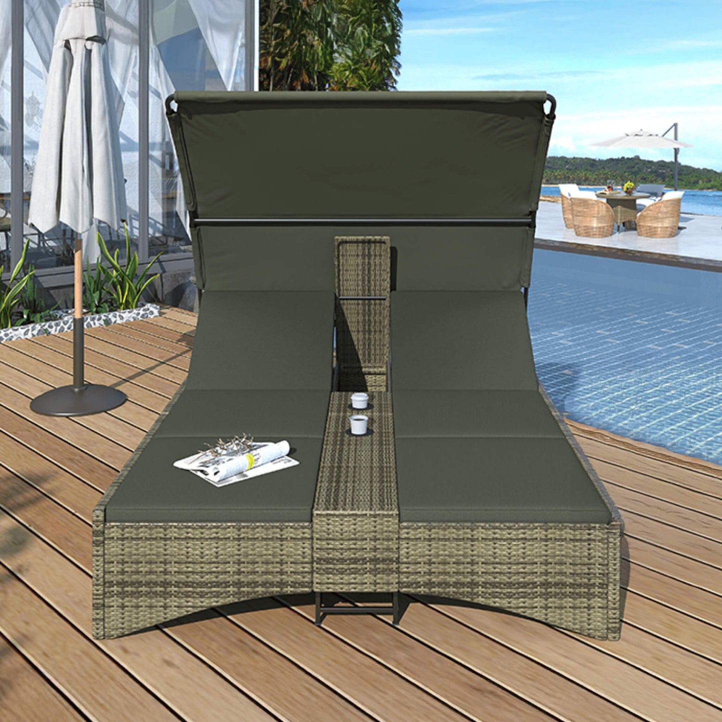 Outdoor Luxury Rattan Daybed with Canopy and Storage