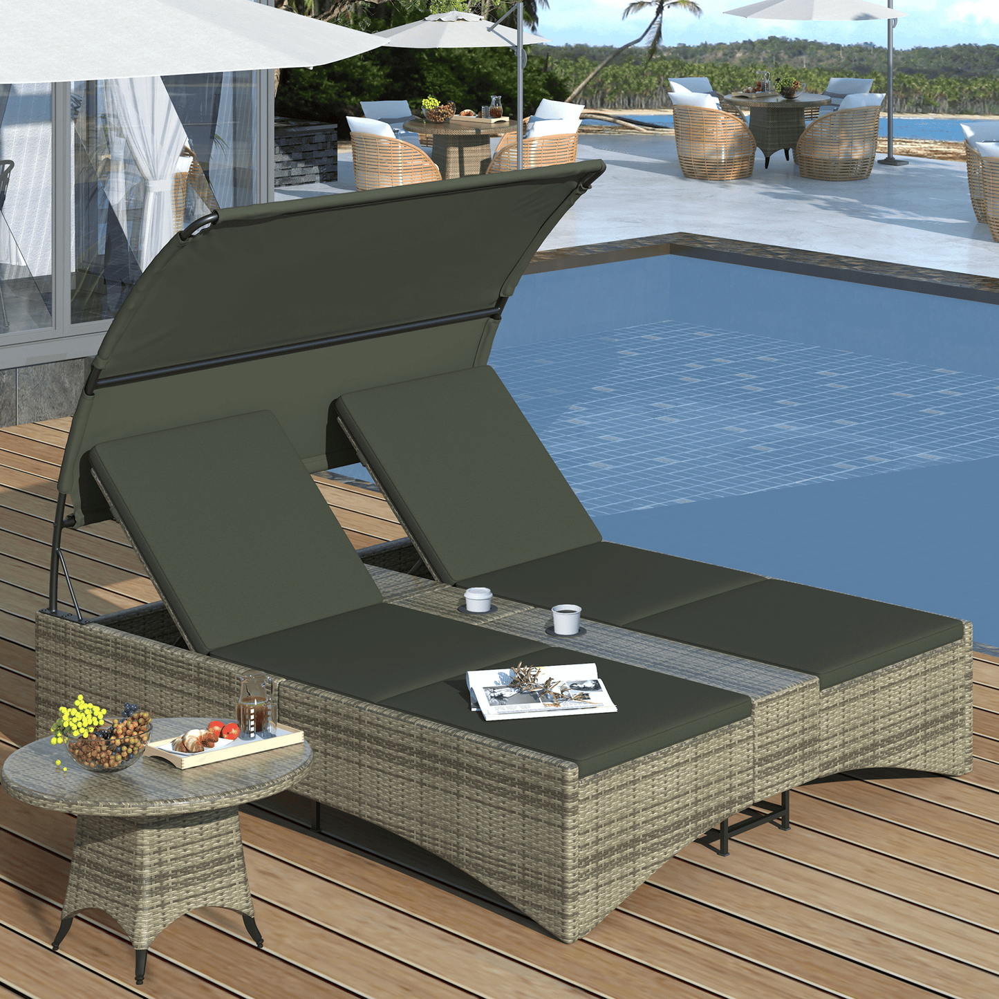 Outdoor Luxury Rattan Daybed with Canopy and Storage