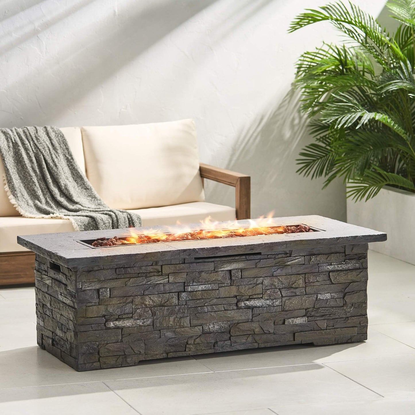 Alora Premium 56" Outdoor Rectangular Concrete Propane Fire Pit W/ Faux Stone Pattern, 50K BTU (SAK31845)