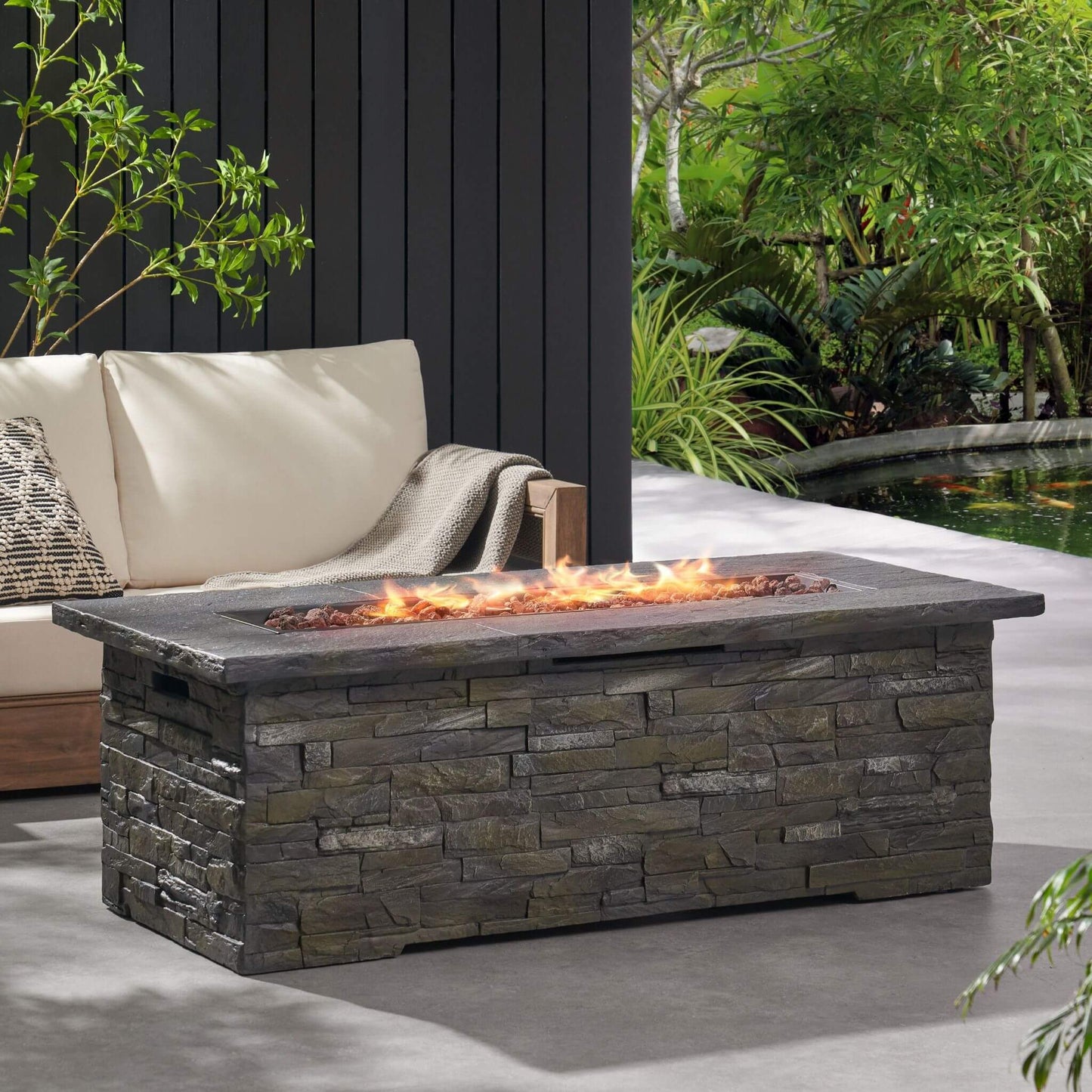 Alora Premium 56" Outdoor Rectangular Concrete Propane Fire Pit W/ Faux Stone Pattern, 50K BTU (SAK31845)