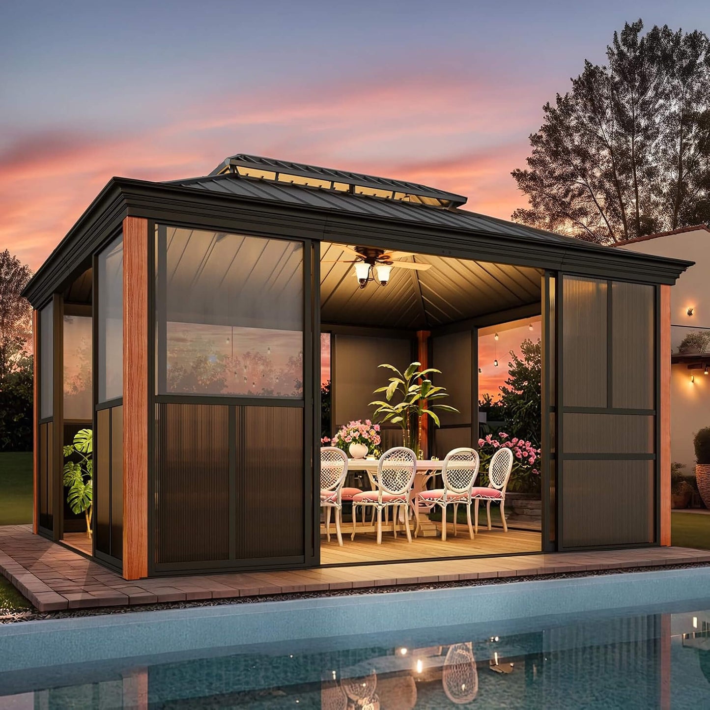 Solstice All-Season Outdoor Wood Grain Sunroom with Sliding Doors