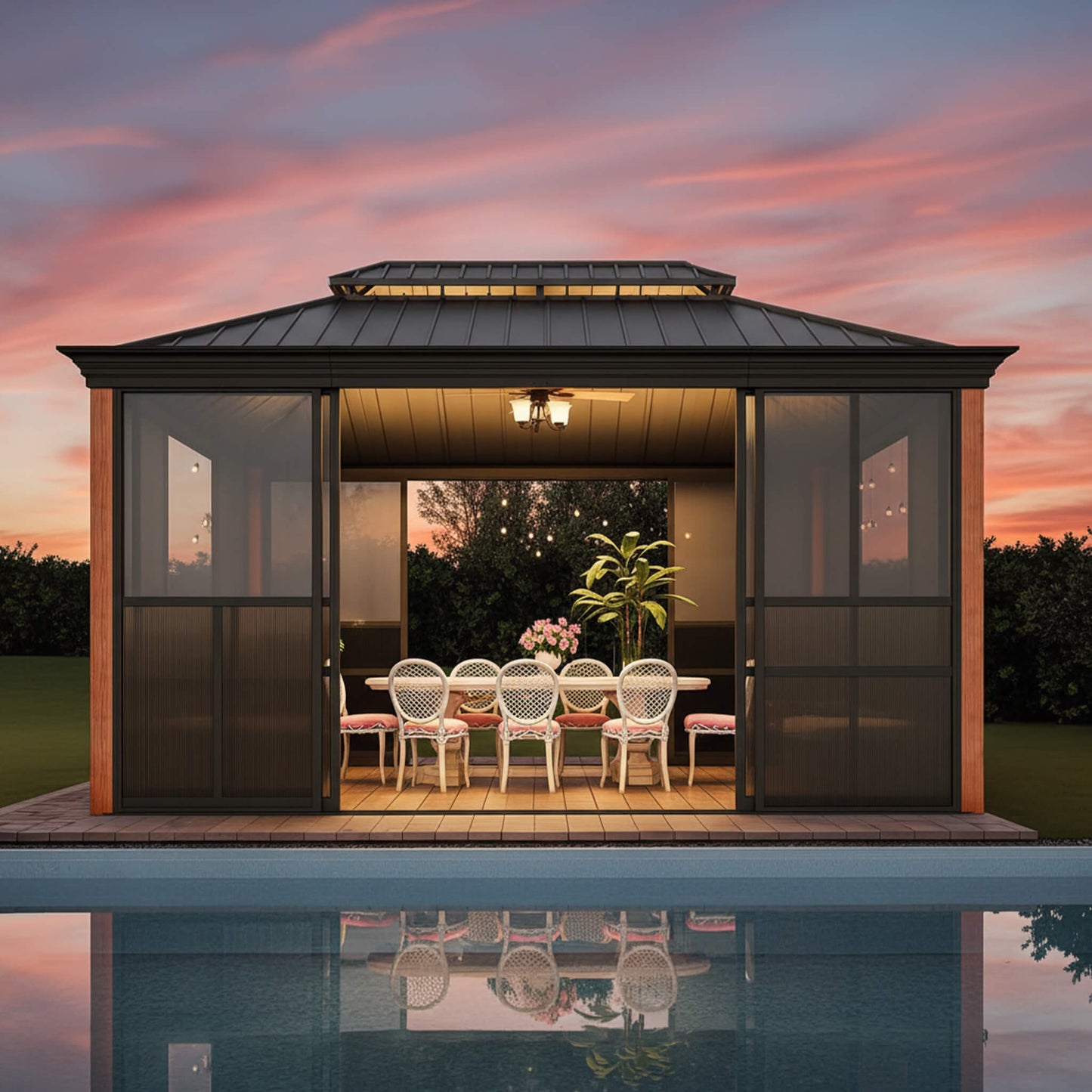 Solstice All-Season Outdoor Wood Grain Sunroom with Sliding Doors