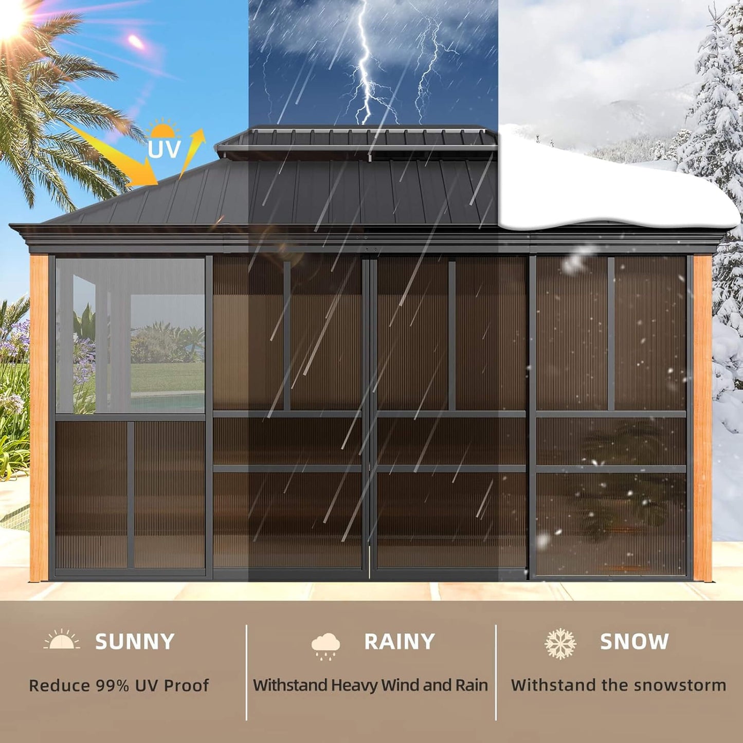Solstice All-Season Outdoor Wood Grain Sunroom with Sliding Doors