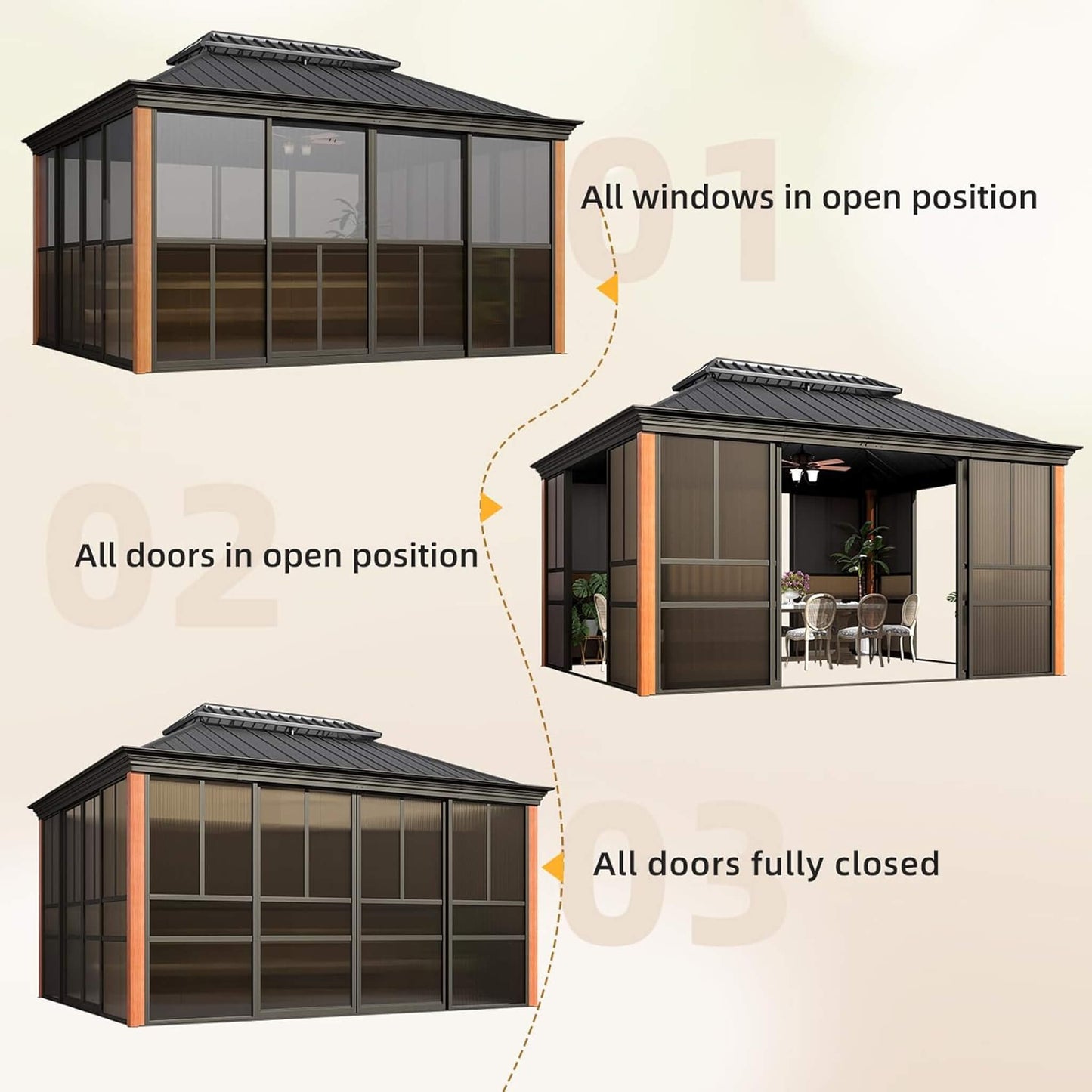 Solstice All-Season Outdoor Wood Grain Sunroom with Sliding Doors
