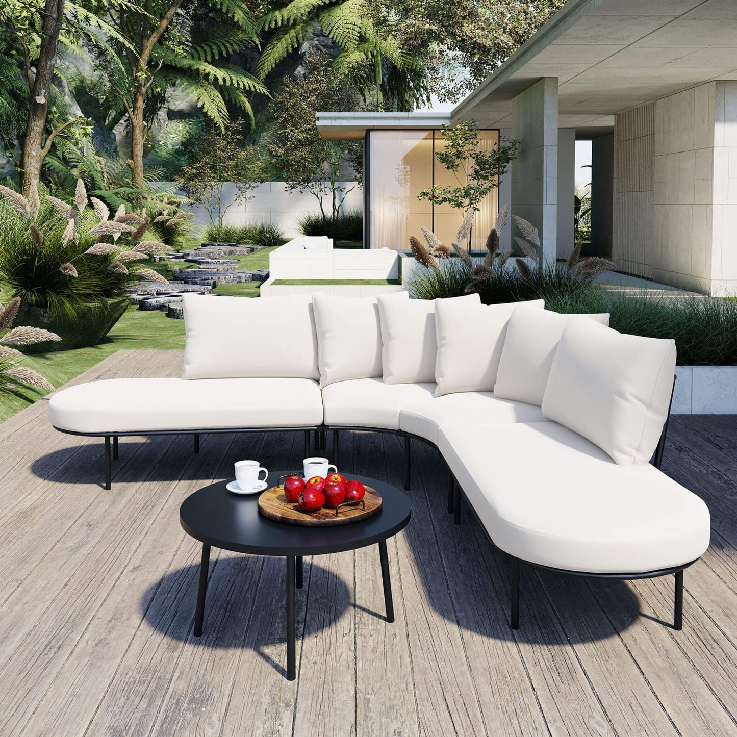 Premium Half-Moon Curved 6-Person Outdoor Sofa Set with Coffee Table