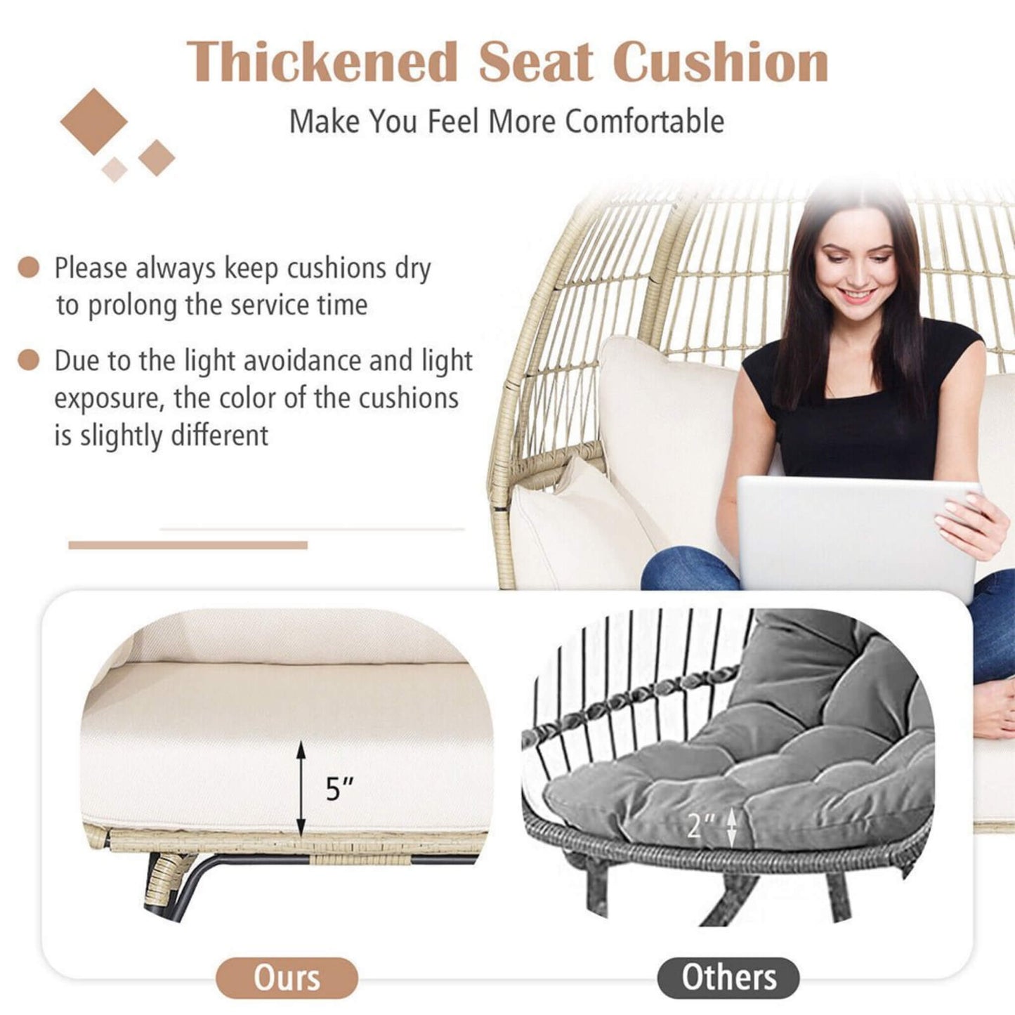 Alora Premium 57-Inch Oversized Rattan Patio Egg Lounge Chair Basket With Cushions (SAK91684)