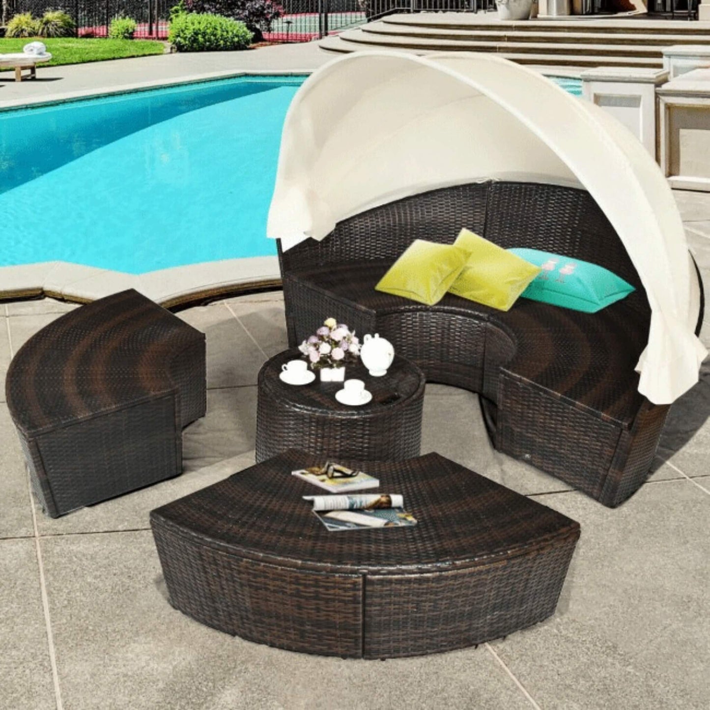 Alora Premium 76-Inch Round Outdoor Patio Rattan Daybed W/ Canopy & Table (SAK96418)