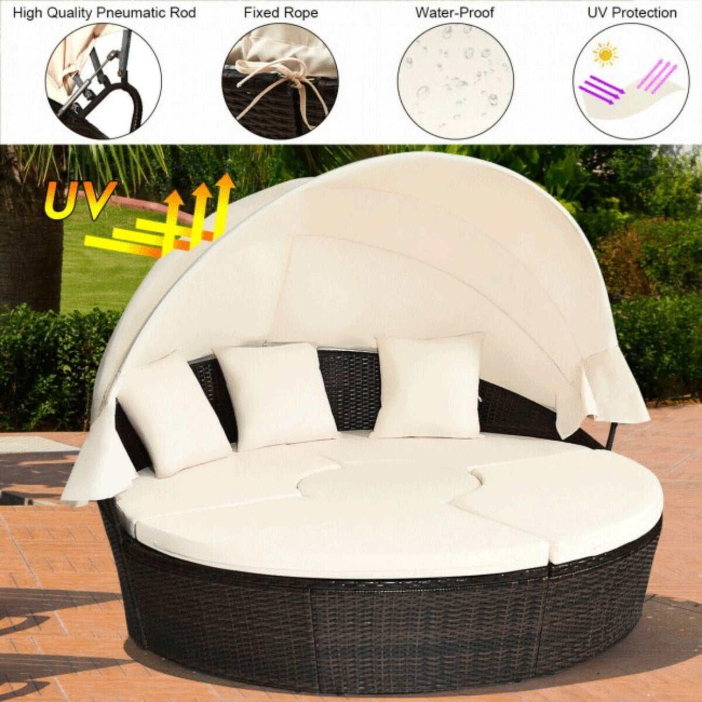 Alora Premium 76-Inch Round Outdoor Patio Rattan Daybed W/ Canopy & Table (SAK96418)