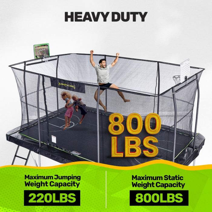 Jumpking 10'x15' Rectangle Trampoline with 2 Powder Coated Basketball Hoops with Breakaway Rims, Enclosure Net, and Ladder