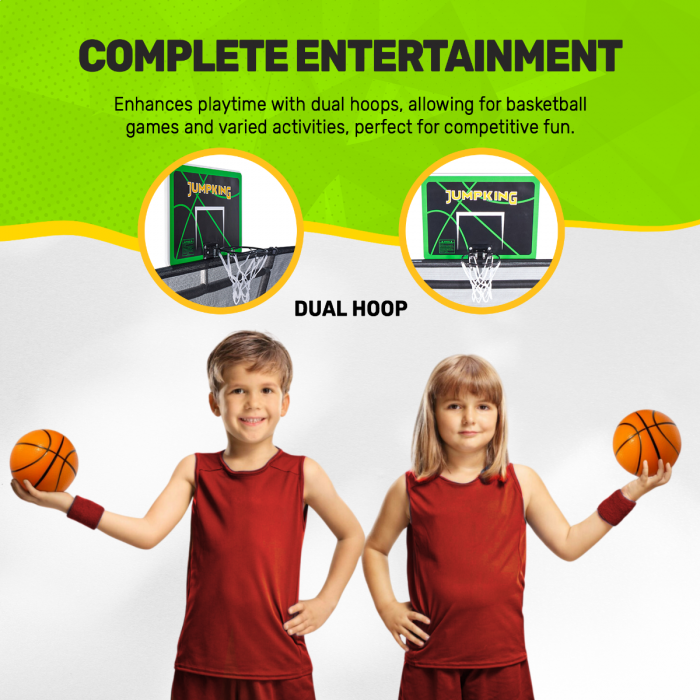 Jumpking 10'x15' Rectangle Trampoline with 2 Powder Coated Basketball Hoops with Breakaway Rims, Enclosure Net, and Ladder