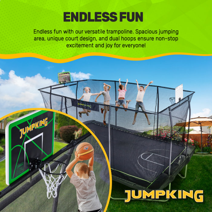 Jumpking 10'x15' Rectangle Trampoline with 2 Powder Coated Basketball Hoops with Breakaway Rims, Enclosure Net, and Ladder