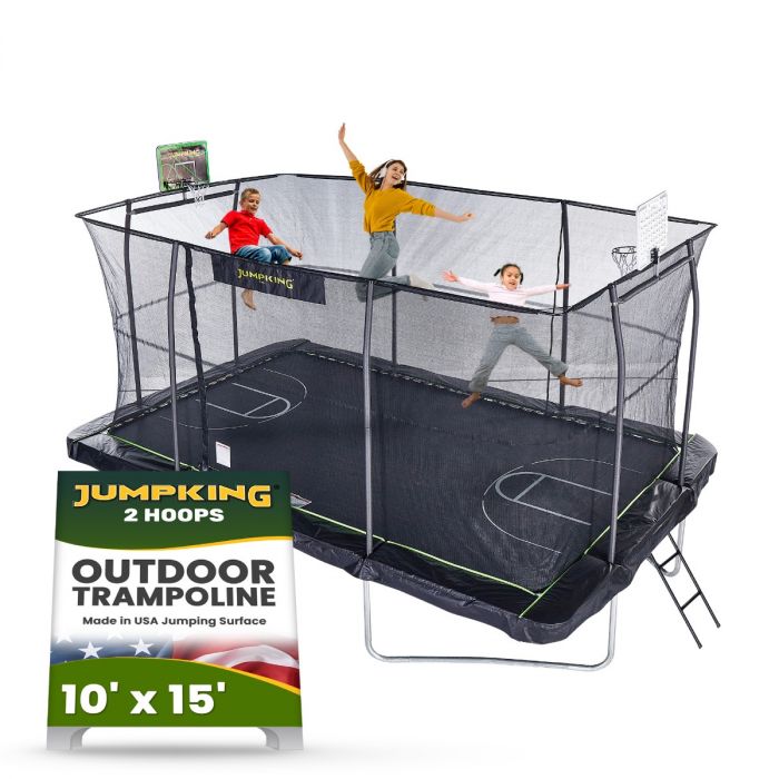 Jumpking 10'x15' Rectangle Trampoline with 2 Powder Coated Basketball Hoops with Breakaway Rims, Enclosure Net, and Ladder