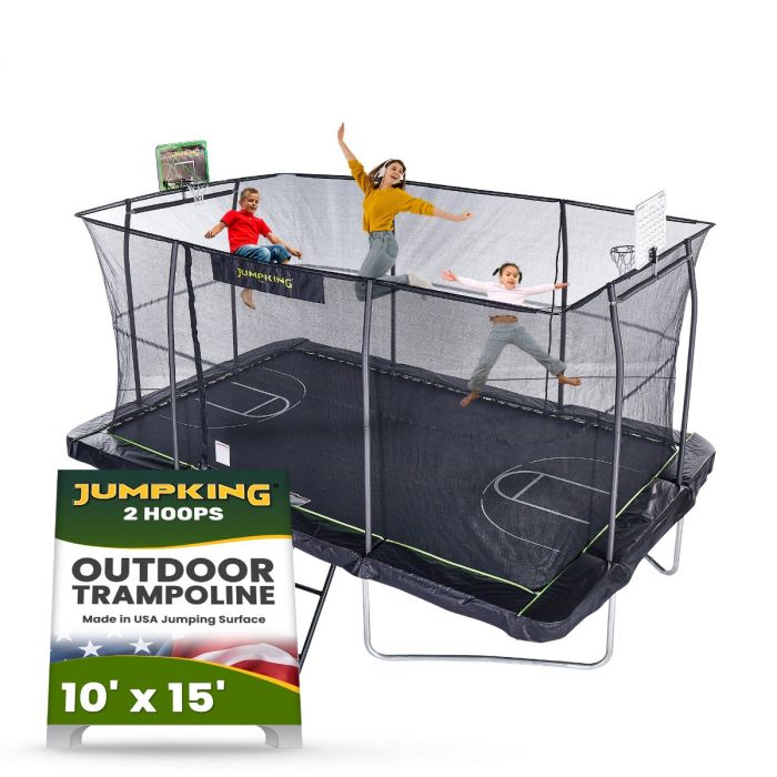 Jumpking 10'x15' Rectangle Trampoline with 2 Powder Coated Basketball Hoops with Breakaway Rims, Enclosure Net, and Ladder